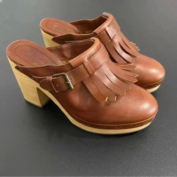 Madewell Kiltie Clogs Westway Wooden Heel Leather Fringe Tassel - Picture 6 of 16
